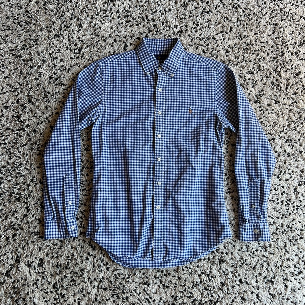 Polo Ralph Lauren Slim Oxford Shirt Blue White Gingham Plaid Long Sleeve Medium